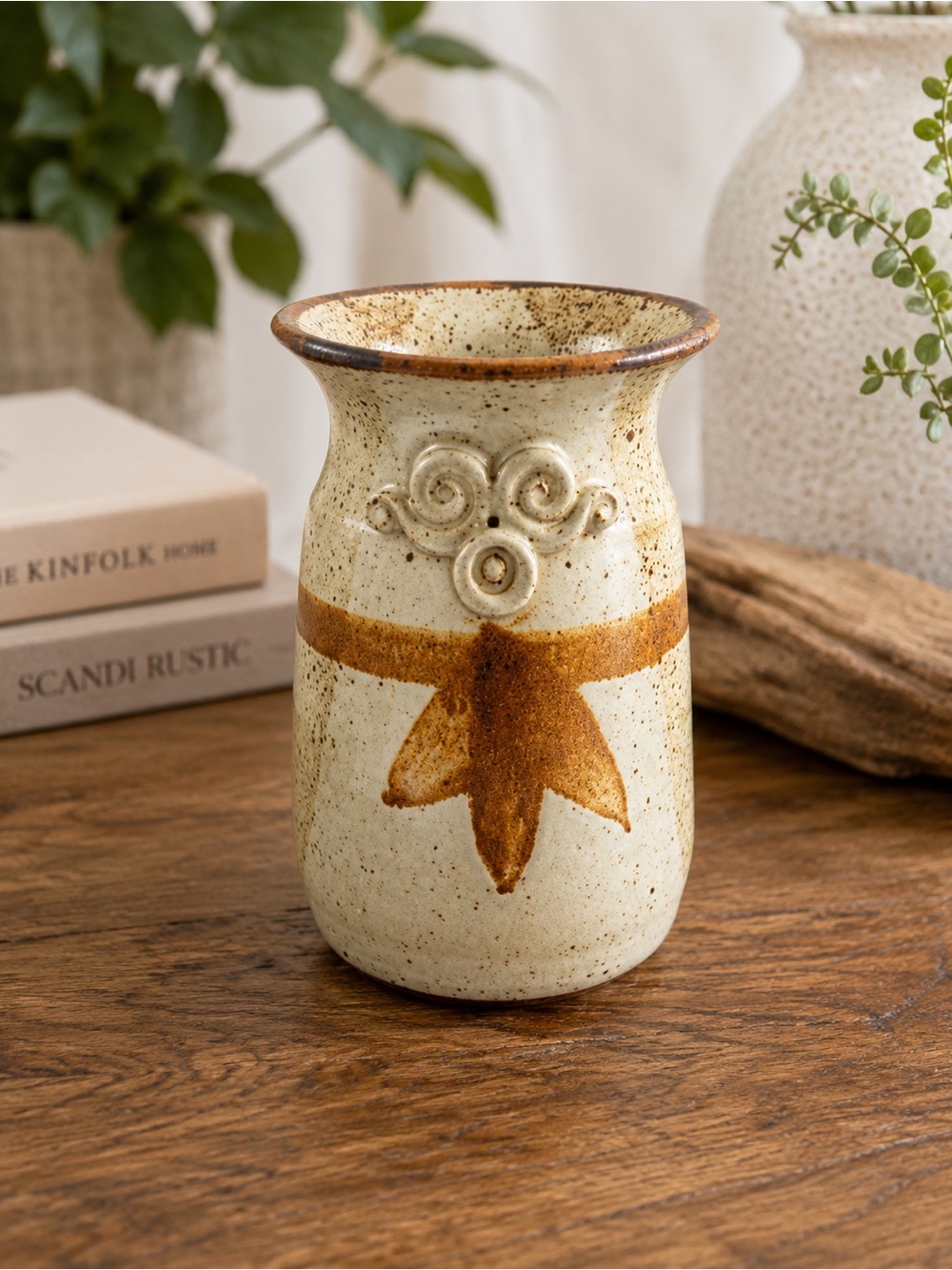 Vintage Signed Studio Pottery Vase Speckled Brown Banded Stoneware 6.5″